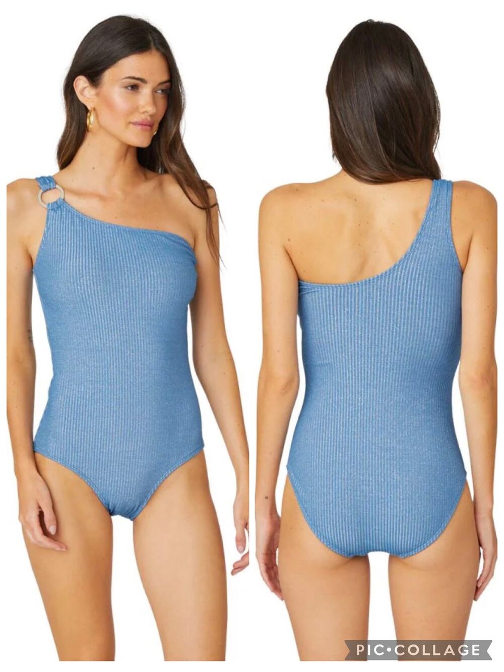 Shoshanna Ring One Shoulder One Piece Swimsuit in Sea Shimmer Blue Size 8